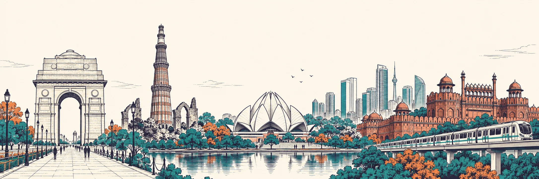 Illustrated Delhi skyline and technology community gathering for Delhi Tech Week.